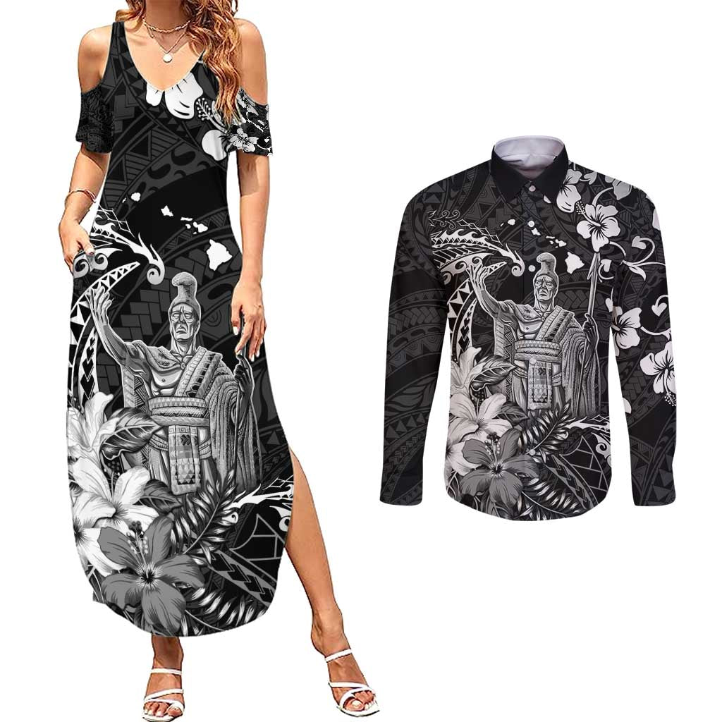 Hawaii King Kamehameha Day Couples Matching Summer Maxi Dress and Long Sleeve Button Shirt Polynesian Pattern Mix Hibiscus Black LT05 Black - Polynesian Pride