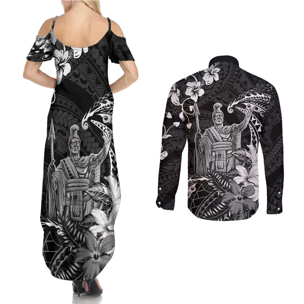 Hawaii King Kamehameha Day Couples Matching Summer Maxi Dress and Long Sleeve Button Shirt Polynesian Pattern Mix Hibiscus Black LT05 - Polynesian Pride