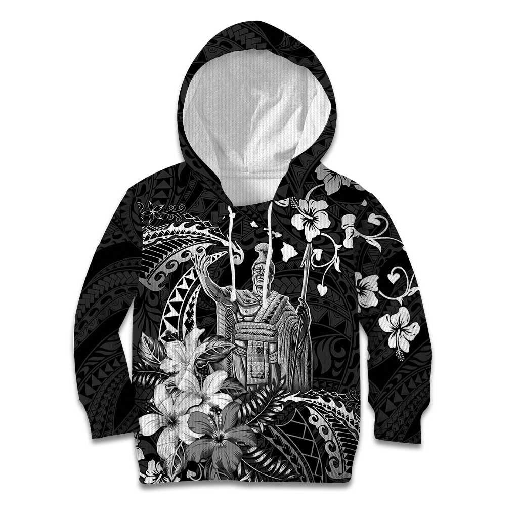 Hawaii King Kamehameha Day Kid Hoodie Polynesian Pattern Mix Hibiscus Black LT05 Hoodie Black - Polynesian Pride