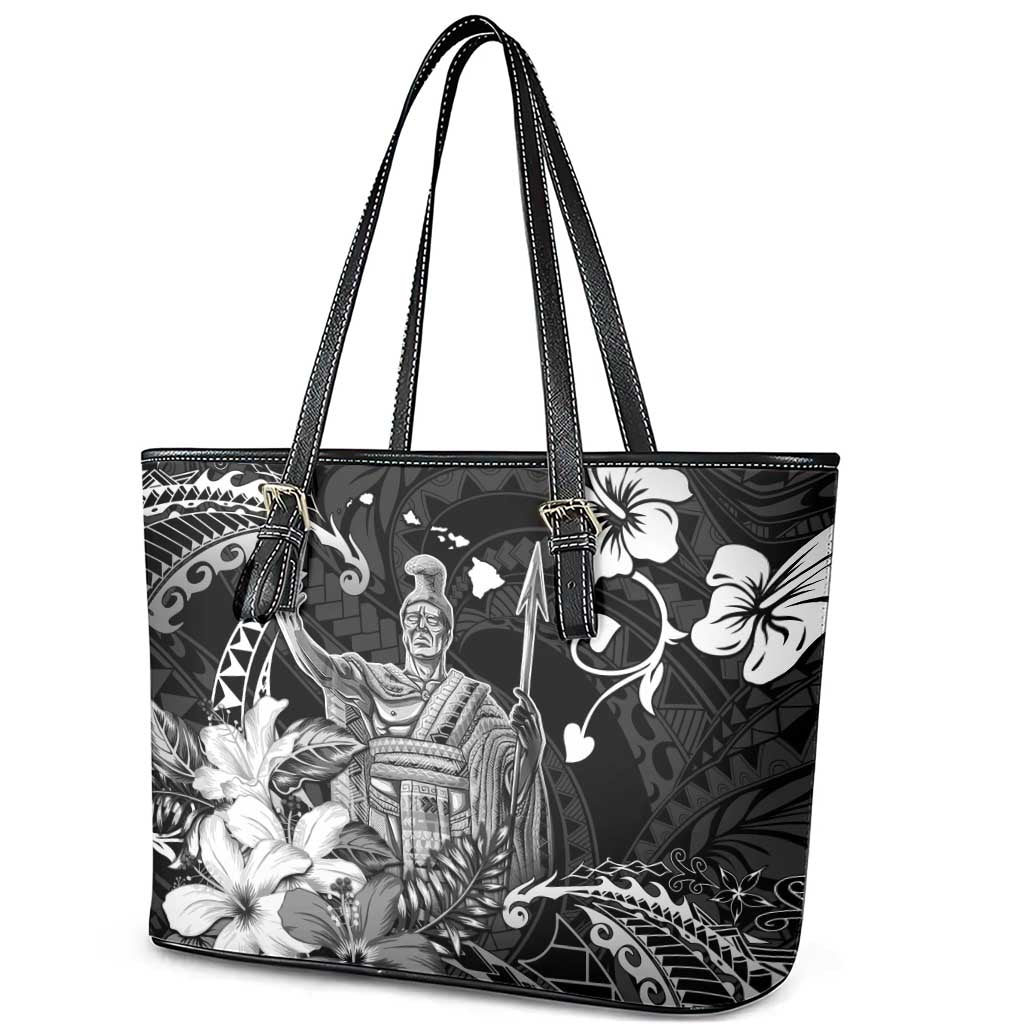 Hawaii King Kamehameha Day Leather Tote Bag Polynesian Pattern Mix Hibiscus Black LT05 - Polynesian Pride