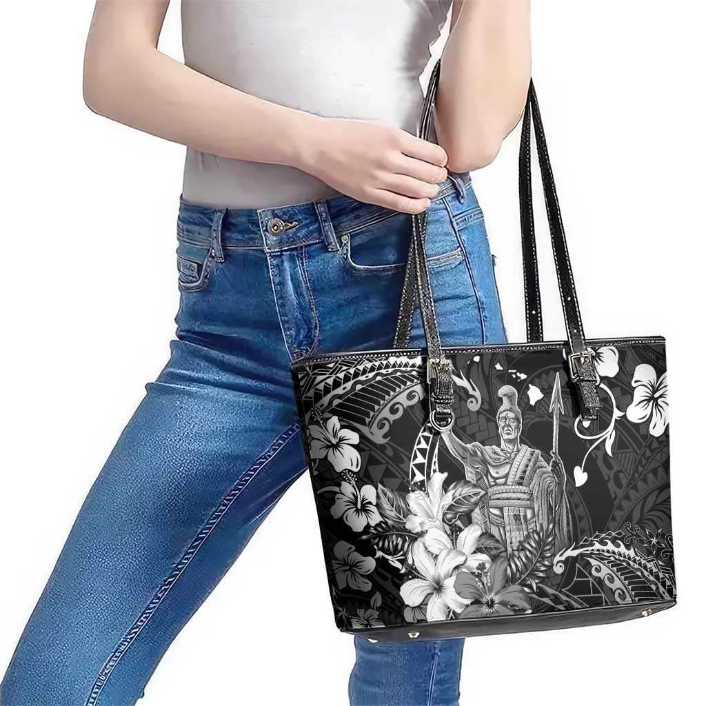 Hawaii King Kamehameha Day Leather Tote Bag Polynesian Pattern Mix Hibiscus Black LT05 - Polynesian Pride