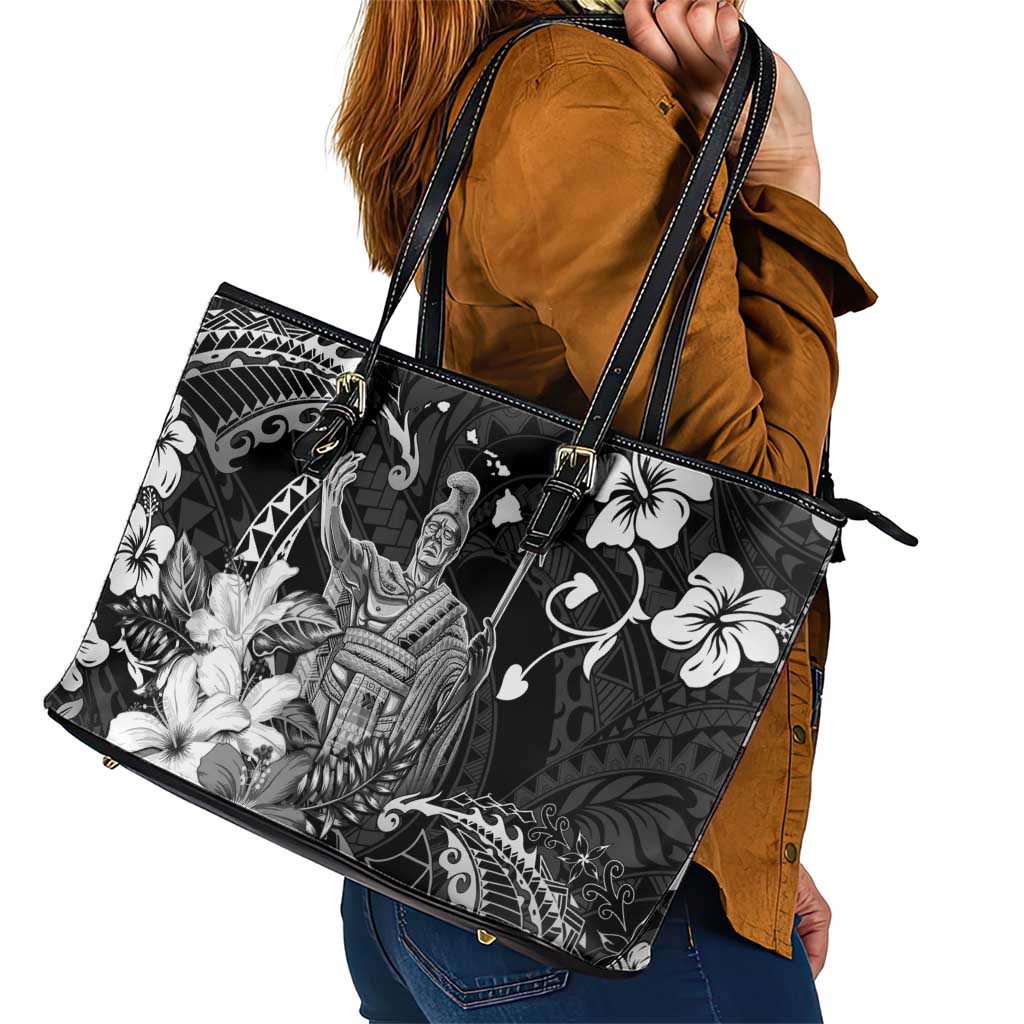 Hawaii King Kamehameha Day Leather Tote Bag Polynesian Pattern Mix Hibiscus Black LT05 - Polynesian Pride