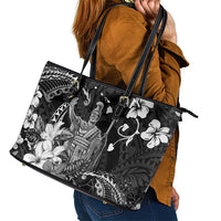 Hawaii King Kamehameha Day Leather Tote Bag Polynesian Pattern Mix Hibiscus Black LT05 - Polynesian Pride