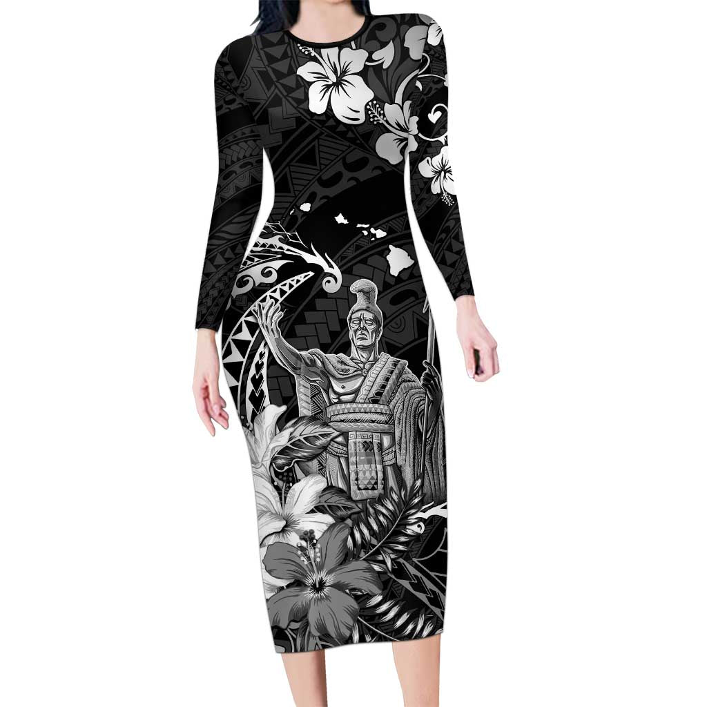 Hawaii King Kamehameha Day Long Sleeve Bodycon Dress Polynesian Pattern Mix Hibiscus Black LT05 Long Dress Black - Polynesian Pride