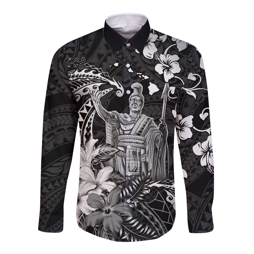 Hawaii King Kamehameha Day Long Sleeve Button Shirt Polynesian Pattern Mix Hibiscus Black LT05 Unisex Black - Polynesian Pride