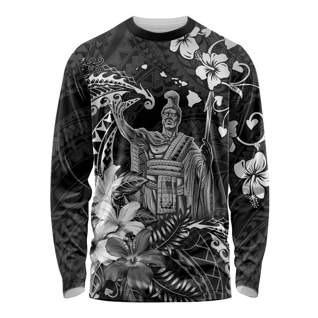 Hawaii King Kamehameha Day Long Sleeve Shirt Polynesian Pattern Mix Hibiscus Black LT05 Unisex Black - Polynesian Pride