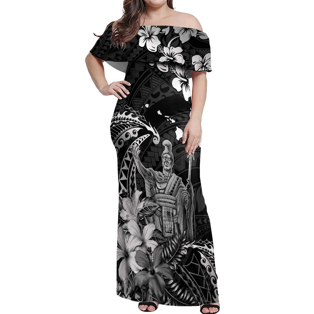 Hawaii King Kamehameha Day Off Shoulder Maxi Dress Polynesian Pattern Mix Hibiscus Black