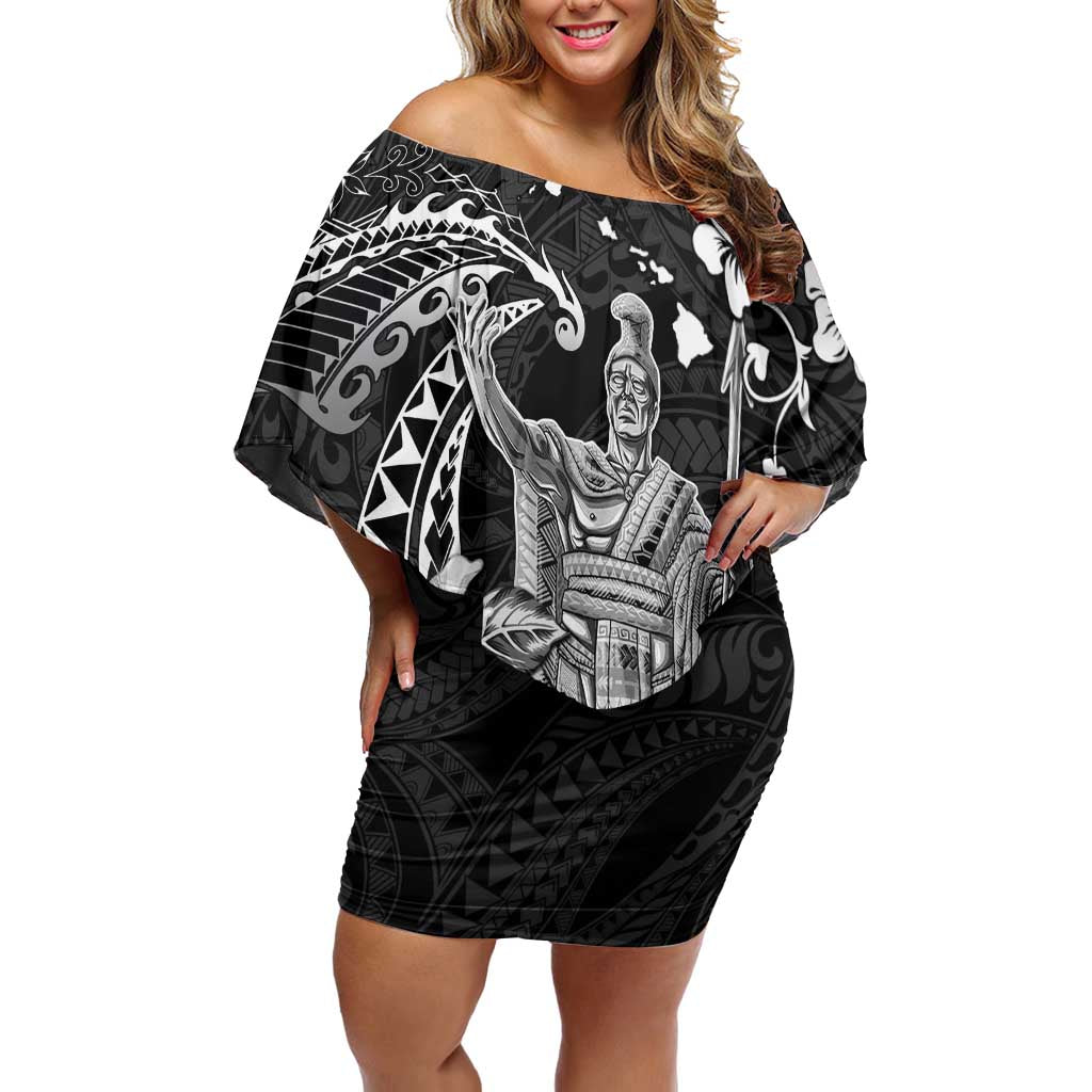 Hawaii King Kamehameha Day Off Shoulder Short Dress Polynesian Pattern Mix Hibiscus Black