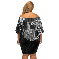 Hawaii King Kamehameha Day Off Shoulder Short Dress Polynesian Pattern Mix Hibiscus Black LT05 - Polynesian Pride