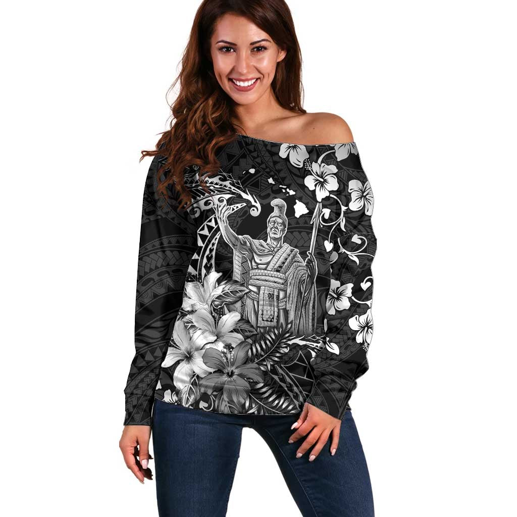 Hawaii King Kamehameha Day Off Shoulder Sweater Polynesian Pattern Mix Hibiscus Black