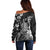 Hawaii King Kamehameha Day Off Shoulder Sweater Polynesian Pattern Mix Hibiscus Black