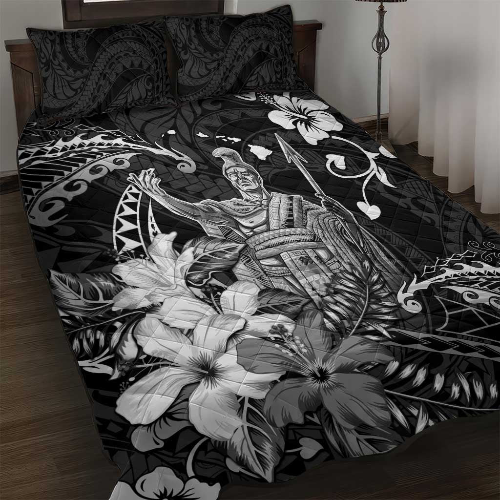 Hawaii King Kamehameha Day Quilt Bed Set Polynesian Pattern Mix Hibiscus Black