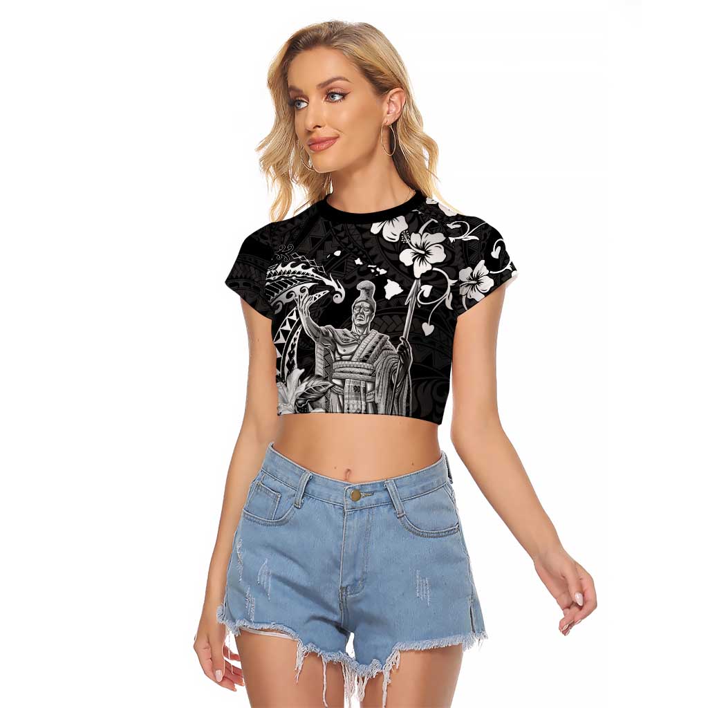 Hawaii King Kamehameha Day Raglan Cropped T Shirt Polynesian Pattern Mix Hibiscus Black LT05 Female Black - Polynesian Pride