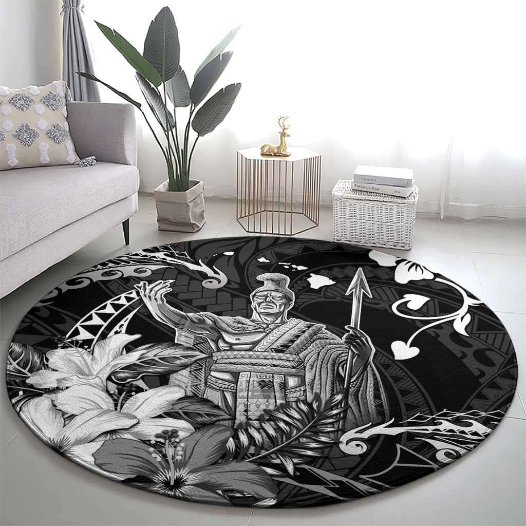 Hawaii King Kamehameha Day Round Carpet Polynesian Pattern Mix Hibiscus Black LT05 - Polynesian Pride