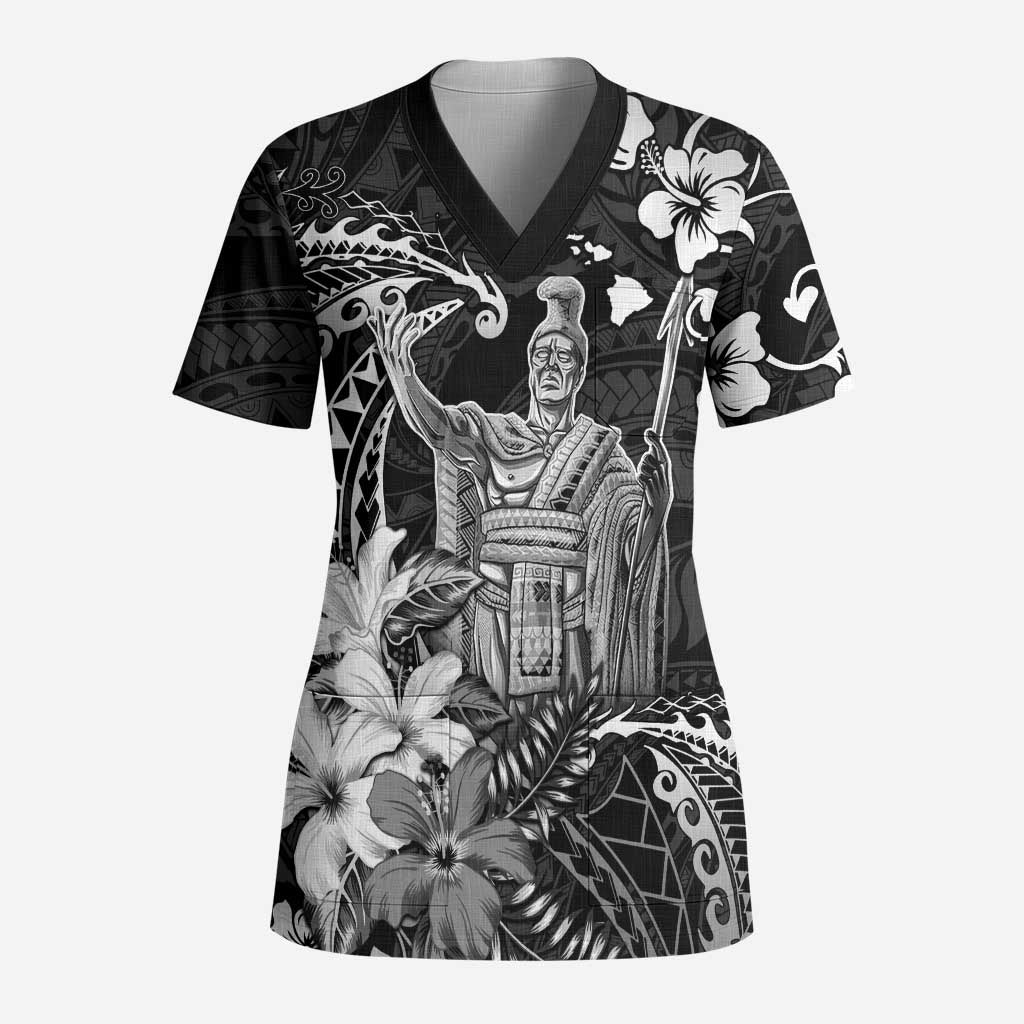 Hawaii King Kamehameha Day Scrub Top Polynesian Pattern Mix Hibiscus Black LT05 Adult Black - Polynesian Pride