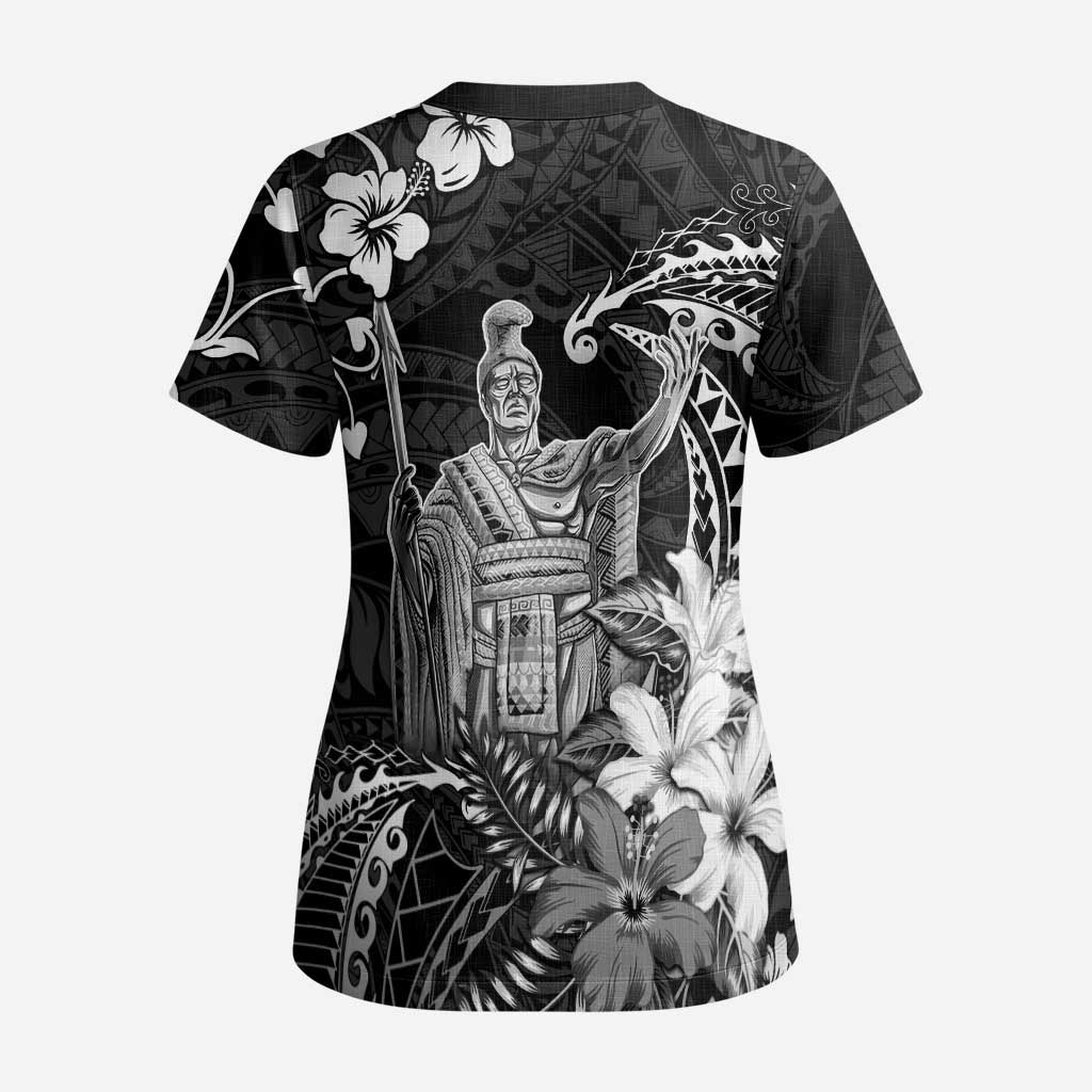 Hawaii King Kamehameha Day Scrub Top Polynesian Pattern Mix Hibiscus Black LT05 - Polynesian Pride