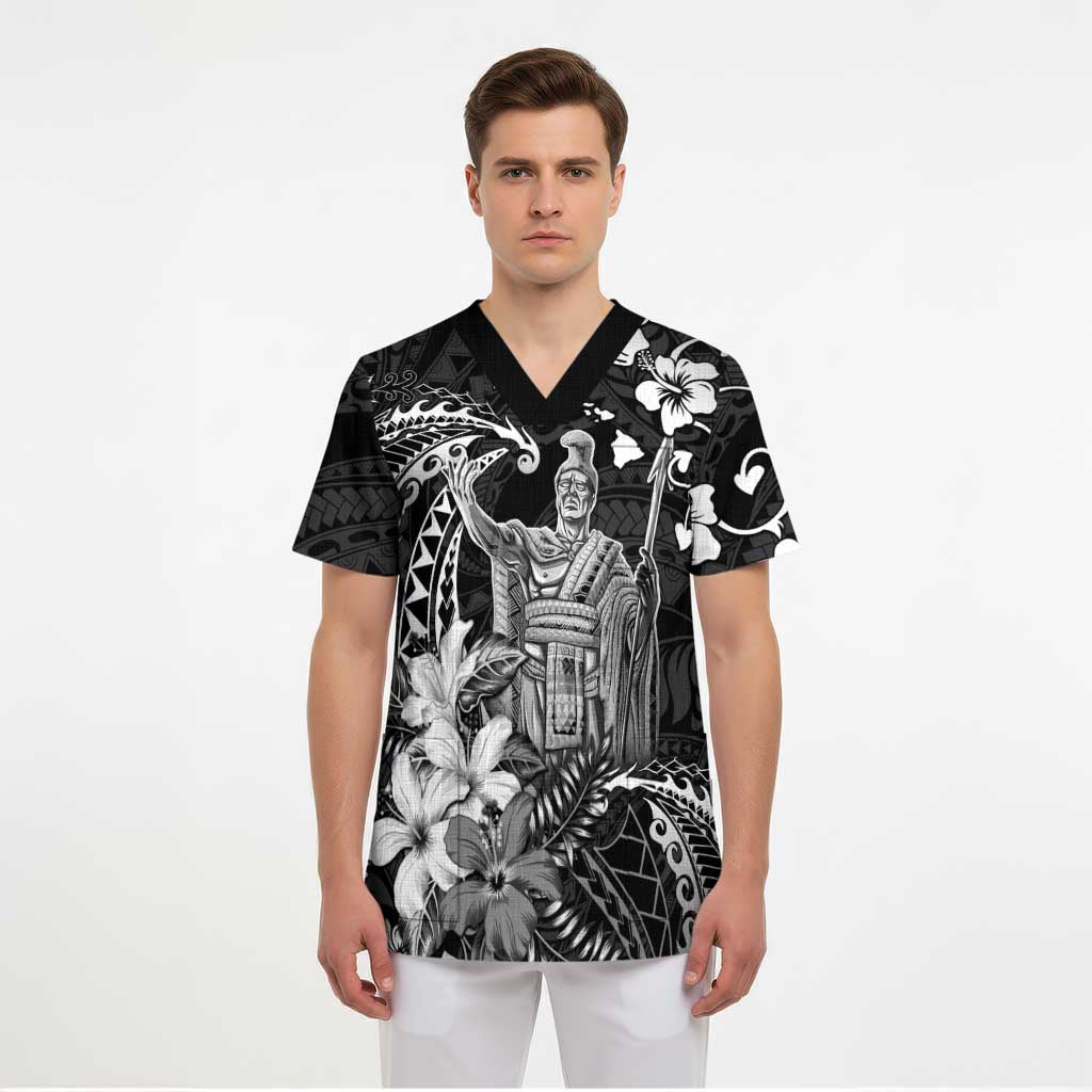 Hawaii King Kamehameha Day Scrub Top Polynesian Pattern Mix Hibiscus Black LT05 - Polynesian Pride