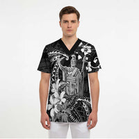 Hawaii King Kamehameha Day Scrub Top Polynesian Pattern Mix Hibiscus Black LT05 - Polynesian Pride