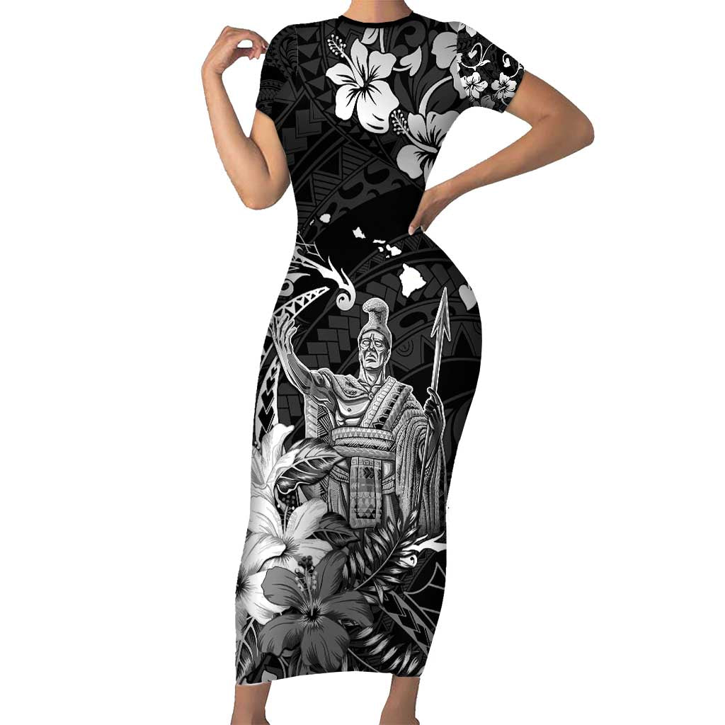 Hawaii King Kamehameha Day Short Sleeve Bodycon Dress Polynesian Pattern Mix Hibiscus Black