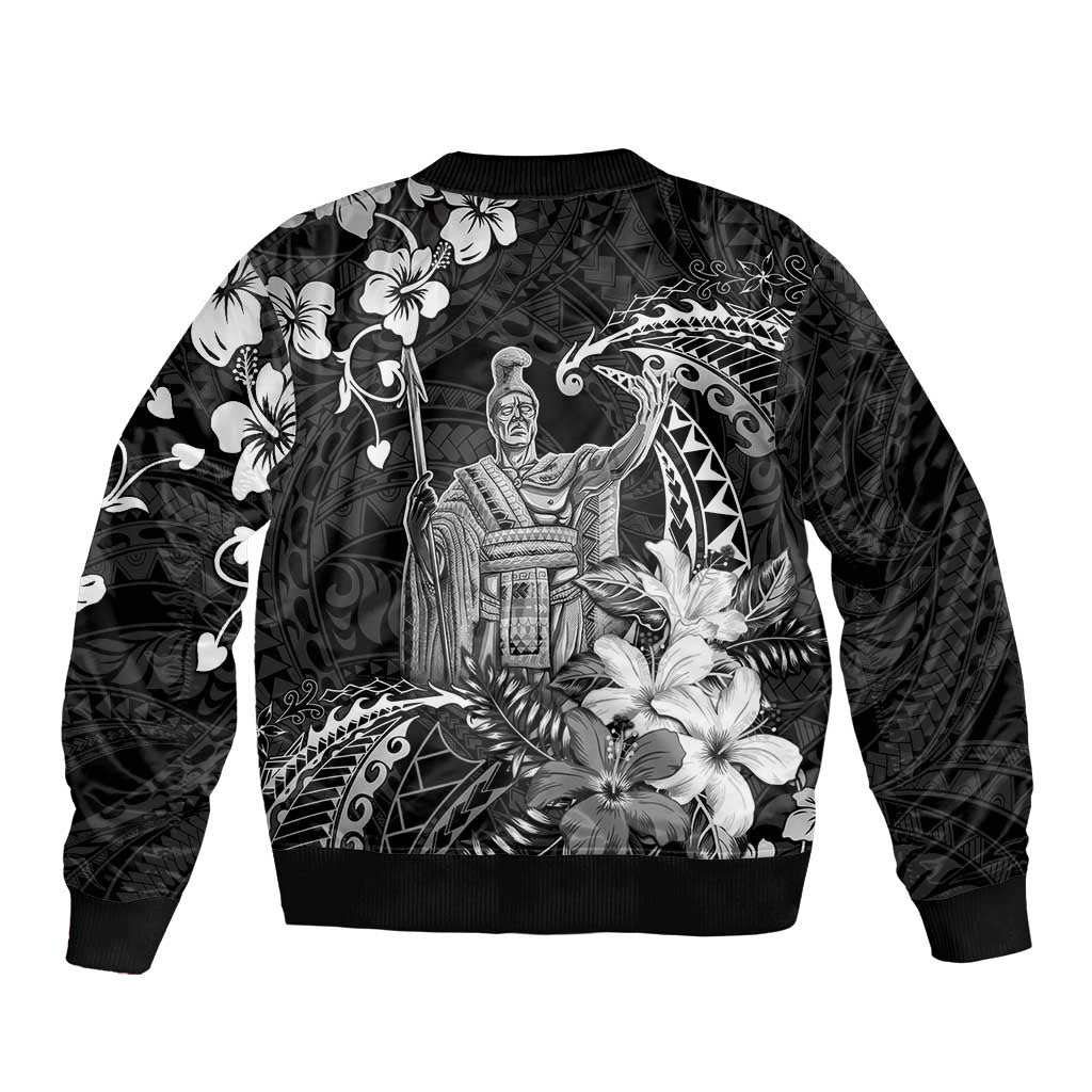 Hawaii King Kamehameha Day Sleeve Zip Bomber Jacket Polynesian Pattern Mix Hibiscus Black LT05 - Polynesian Pride