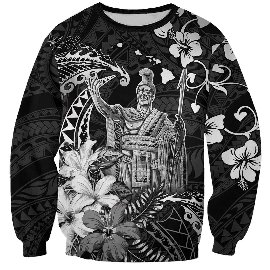 Hawaii King Kamehameha Day Sweatshirt Polynesian Pattern Mix Hibiscus Black LT05 Unisex Black - Polynesian Pride