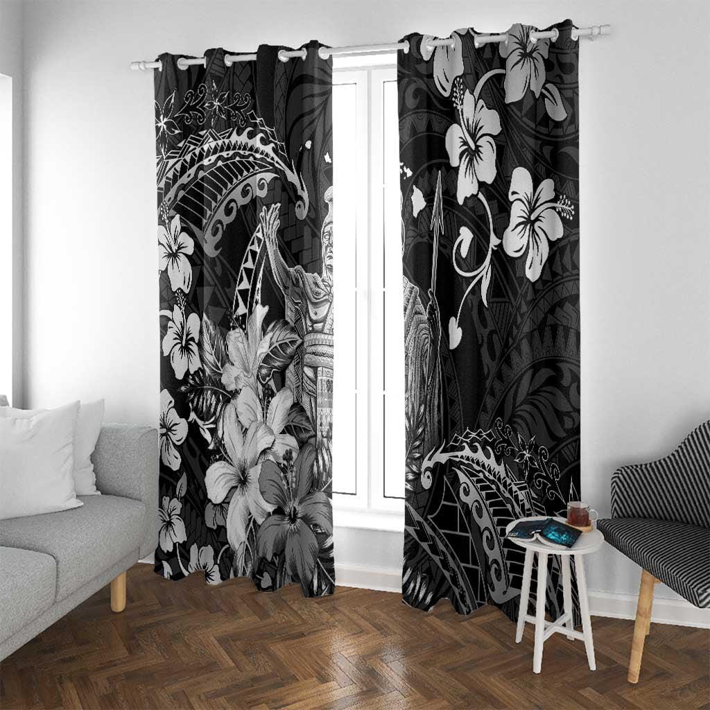 Hawaii King Kamehameha Day Window Curtain Polynesian Pattern Mix Hibiscus Black LT05 With Grommets Black - Polynesian Pride