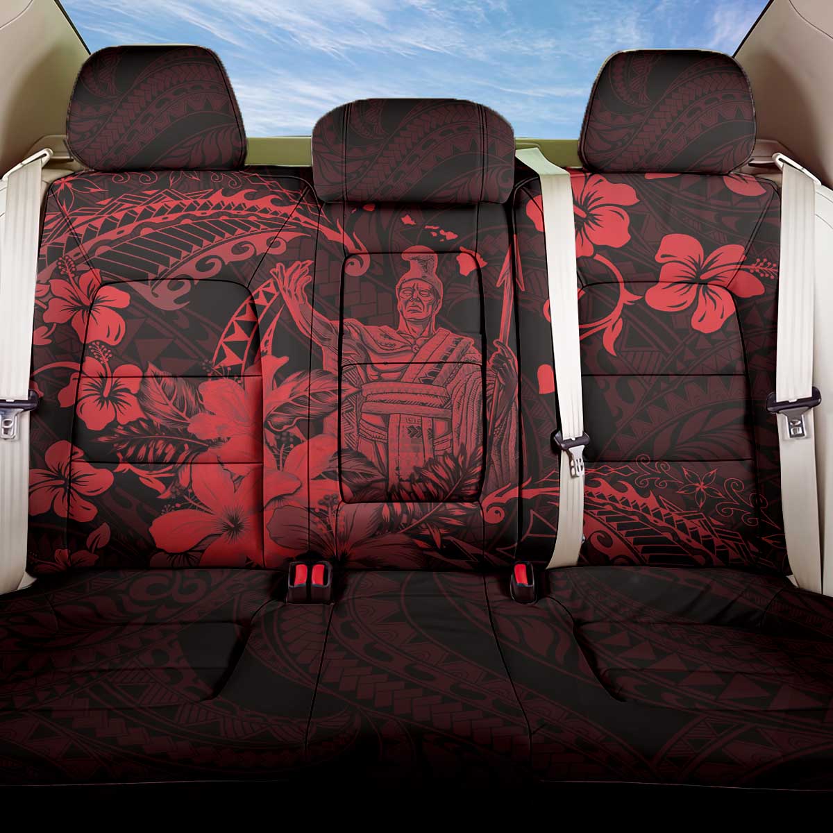 Hawaii King Kamehameha Day Back Car Seat Cover Polynesian Pattern Mix Hibiscus Red LT05 One Size Red - Polynesian Pride