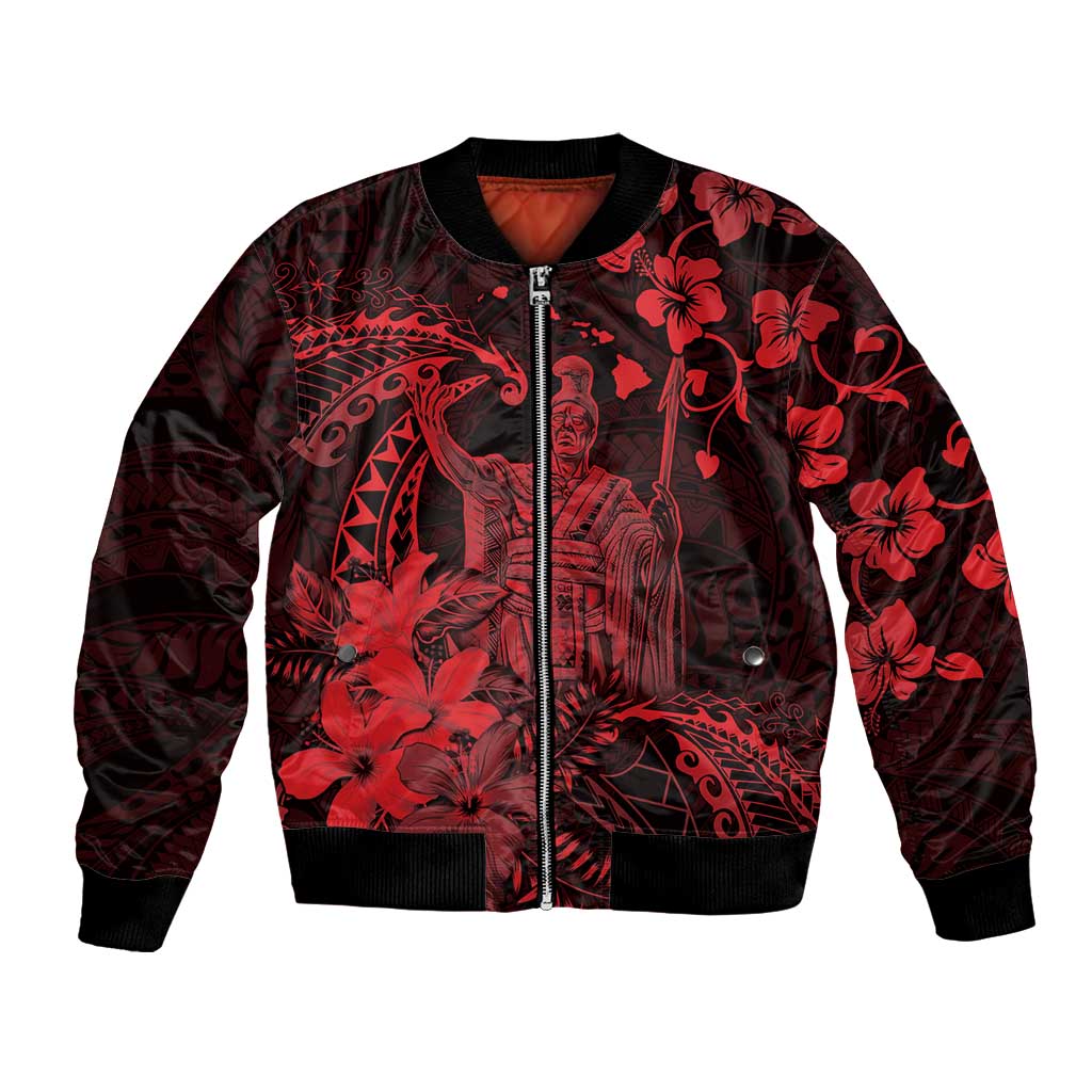Hawaii King Kamehameha Day Bomber Jacket Polynesian Pattern Mix Hibiscus Red LT05 Unisex Red - Polynesian Pride