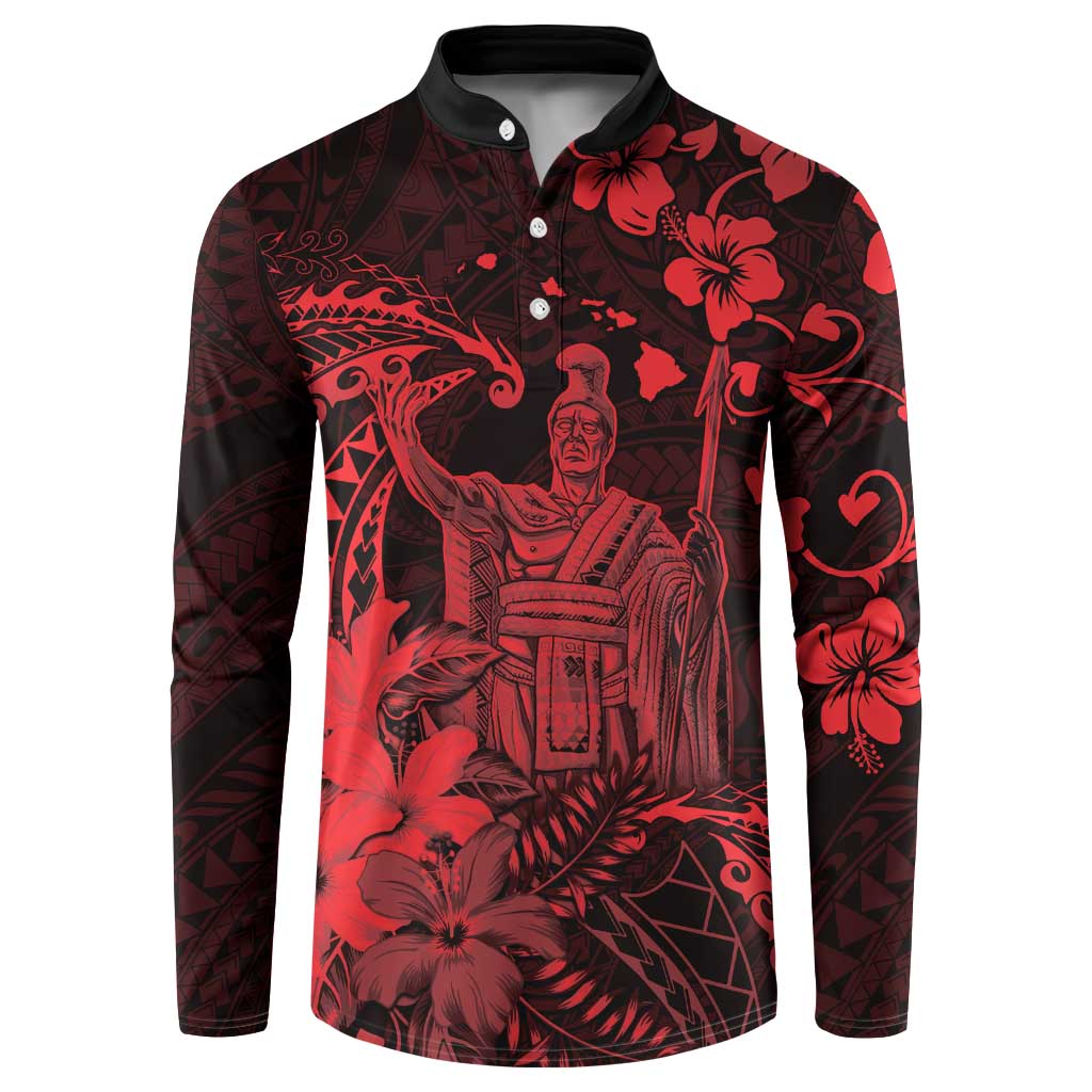 Hawaii King Kamehameha Day Button Sweatshirt Polynesian Pattern Mix Hibiscus Red LT05 Red - Polynesian Pride