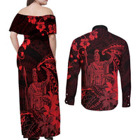 Hawaii King Kamehameha Day Couples Matching Off Shoulder Maxi Dress and Long Sleeve Button Shirt Polynesian Pattern Mix Hibiscus Red LT05 - Polynesian Pride