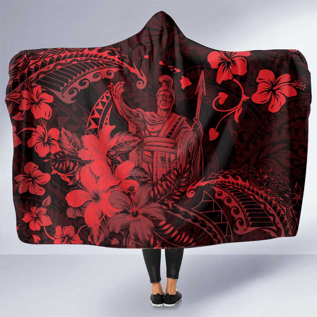 Hawaii King Kamehameha Day Hooded Blanket Polynesian Pattern Mix Hibiscus Red LT05 One Size Red - Polynesian Pride