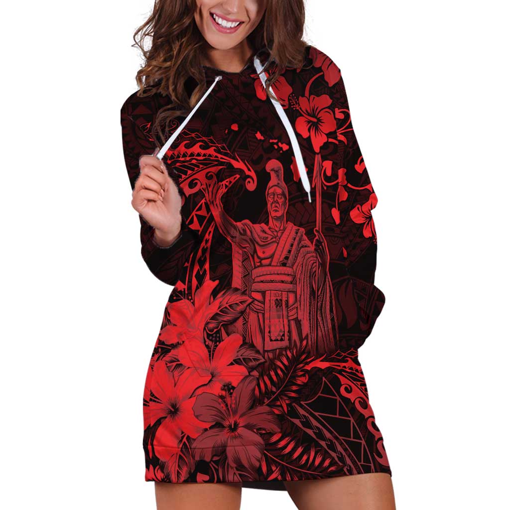 Hawaii King Kamehameha Day Hoodie Dress Polynesian Pattern Mix Hibiscus Red