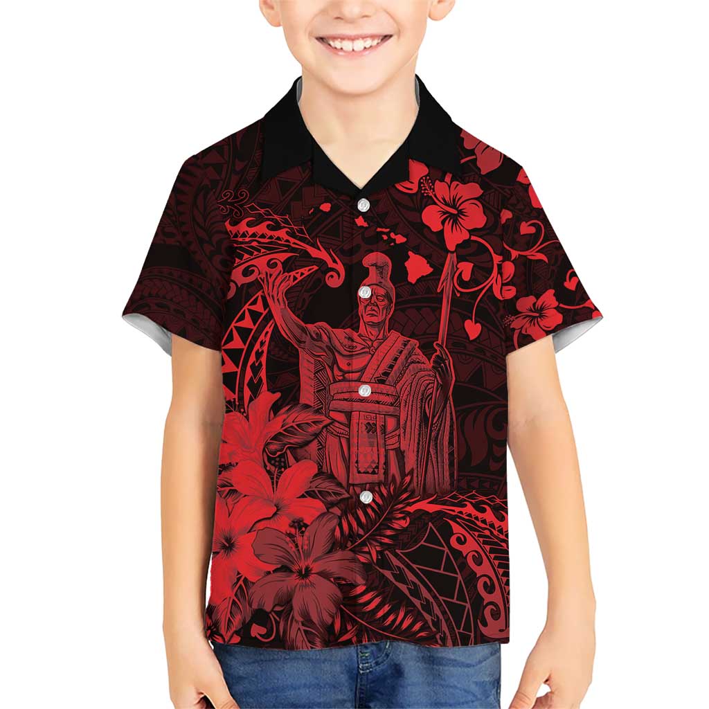 Hawaii King Kamehameha Day Kid Hawaiian Shirt Polynesian Pattern Mix Hibiscus Red LT05 Kid Red - Polynesian Pride