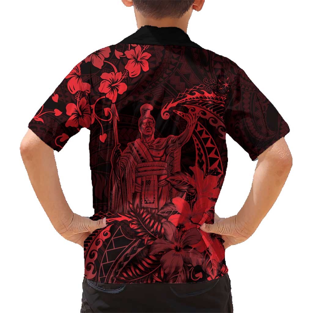 Hawaii King Kamehameha Day Kid Hawaiian Shirt Polynesian Pattern Mix Hibiscus Red LT05 - Polynesian Pride