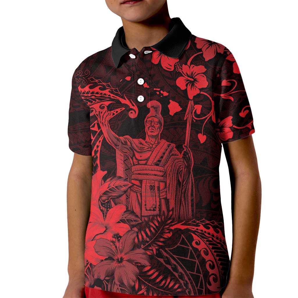 Hawaii King Kamehameha Day Kid Polo Shirt Polynesian Pattern Mix Hibiscus Red LT05 Kid Red - Polynesian Pride