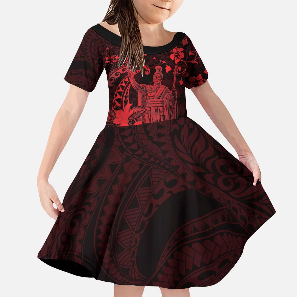 Hawaii King Kamehameha Day Kid Short Sleeve Dress Polynesian Pattern Mix Hibiscus Red LT05 KID Red - Polynesian Pride