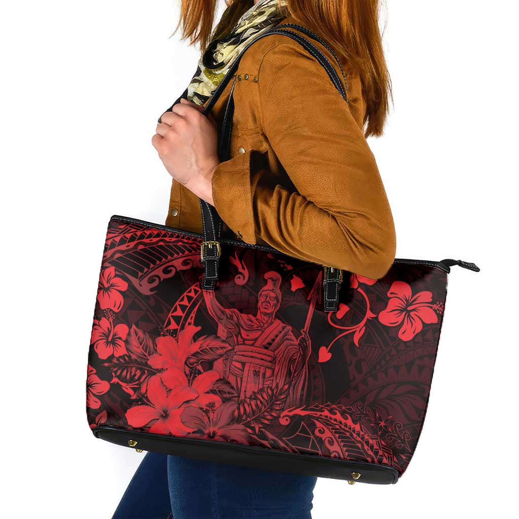 Hawaii King Kamehameha Day Leather Tote Bag Polynesian Pattern Mix Hibiscus Red LT05 Red - Polynesian Pride