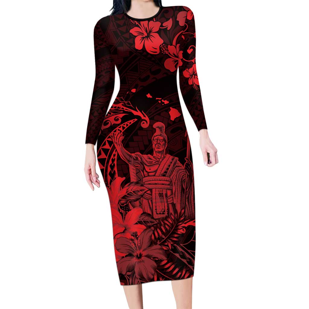 Hawaii King Kamehameha Day Long Sleeve Bodycon Dress Polynesian Pattern Mix Hibiscus Red