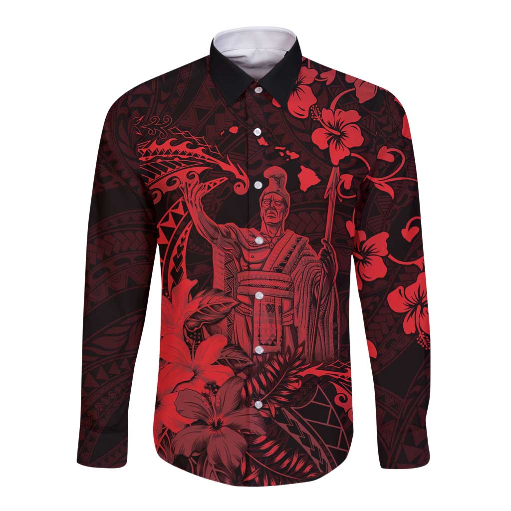 Hawaii King Kamehameha Day Long Sleeve Button Shirt Polynesian Pattern Mix Hibiscus Red LT05 Unisex Red - Polynesian Pride
