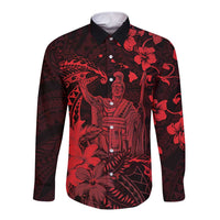 Hawaii King Kamehameha Day Long Sleeve Button Shirt Polynesian Pattern Mix Hibiscus Red LT05 Unisex Red - Polynesian Pride