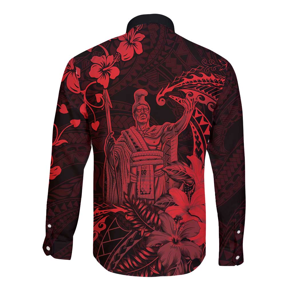 Hawaii King Kamehameha Day Long Sleeve Button Shirt Polynesian Pattern Mix Hibiscus Red LT05 - Polynesian Pride