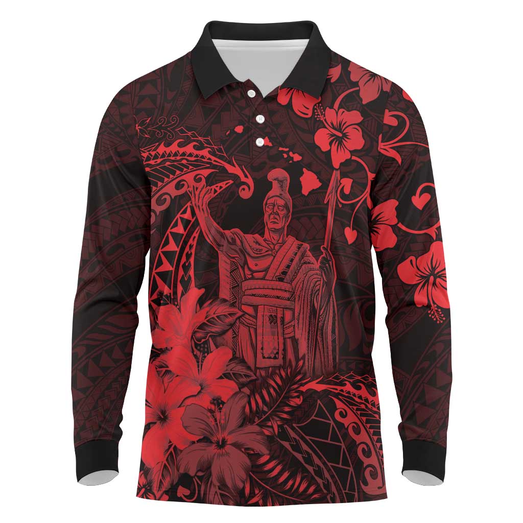 Hawaii King Kamehameha Day Long Sleeve Polo Shirt Polynesian Pattern Mix Hibiscus Red LT05 Red - Polynesian Pride