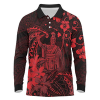 Hawaii King Kamehameha Day Long Sleeve Polo Shirt Polynesian Pattern Mix Hibiscus Red LT05 Red - Polynesian Pride
