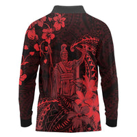Hawaii King Kamehameha Day Long Sleeve Polo Shirt Polynesian Pattern Mix Hibiscus Red LT05 - Polynesian Pride