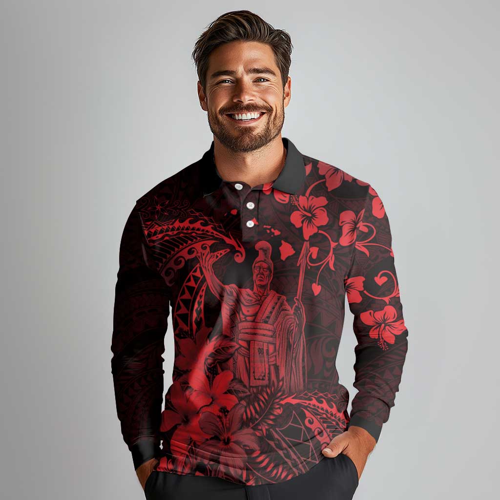 Hawaii King Kamehameha Day Long Sleeve Polo Shirt Polynesian Pattern Mix Hibiscus Red LT05 - Polynesian Pride