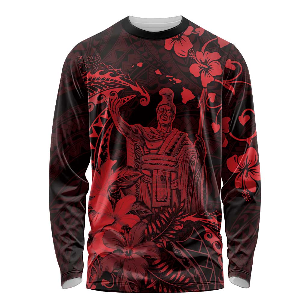 Hawaii King Kamehameha Day Long Sleeve Shirt Polynesian Pattern Mix Hibiscus Red LT05 Unisex Red - Polynesian Pride