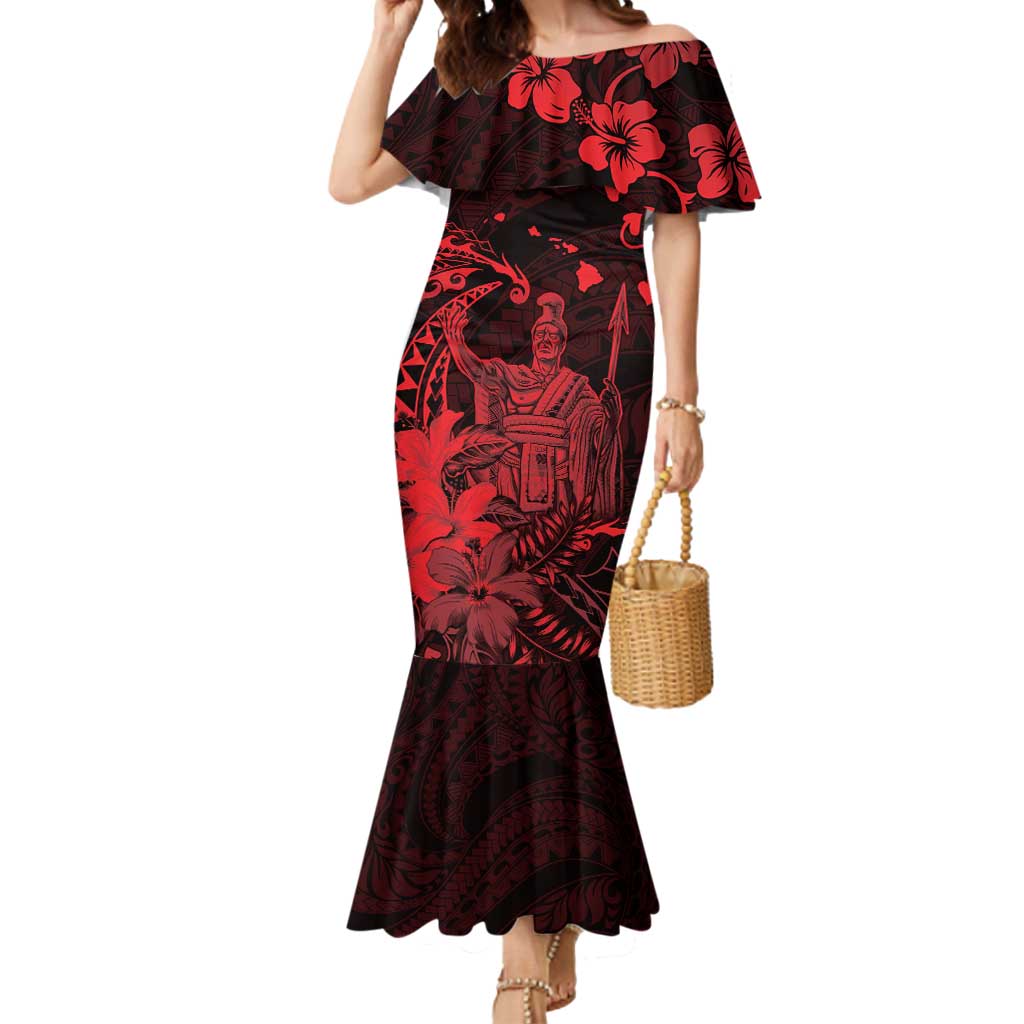 Hawaii King Kamehameha Day Mermaid Dress Polynesian Pattern Mix Hibiscus Red