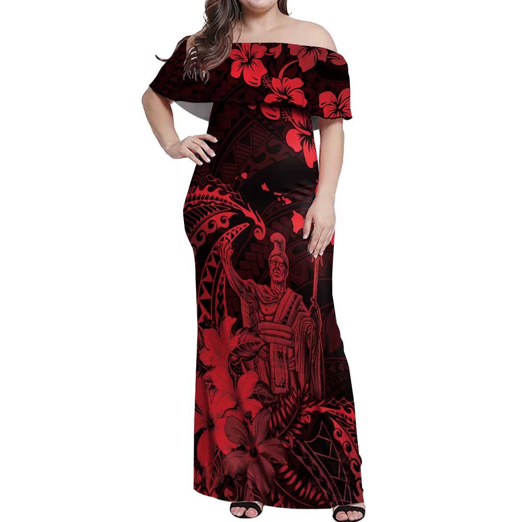 Hawaii King Kamehameha Day Off Shoulder Maxi Dress Polynesian Pattern Mix Hibiscus Red LT05 Women Red - Polynesian Pride