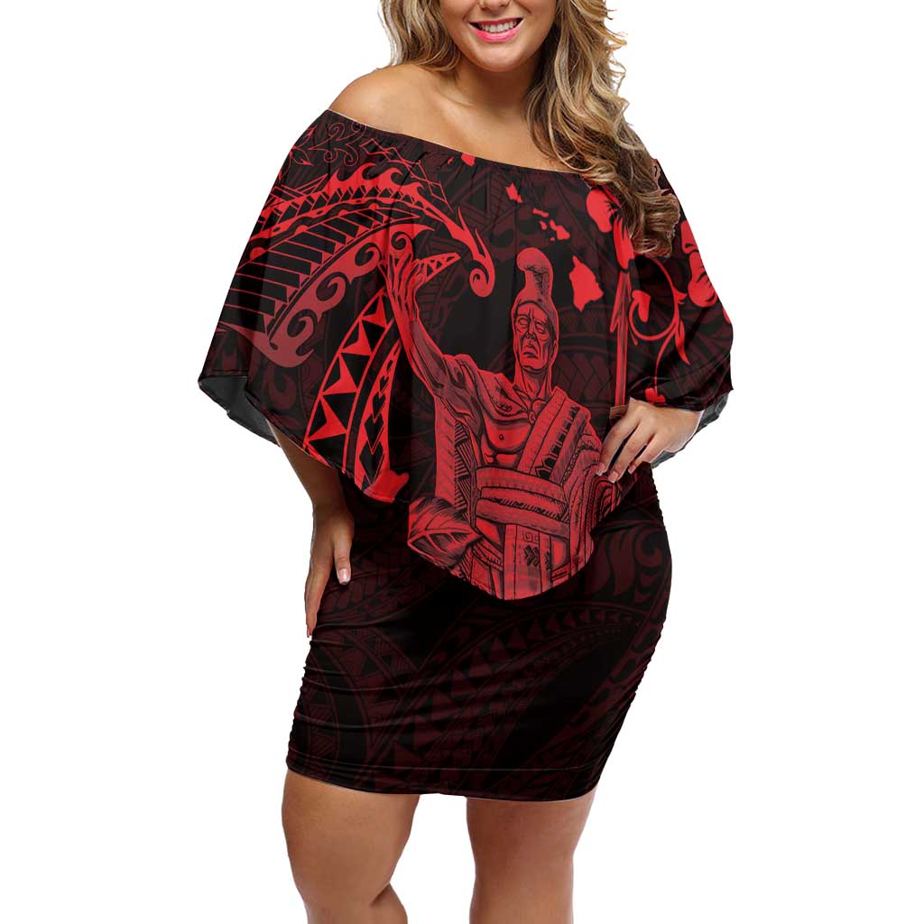 Hawaii King Kamehameha Day Off Shoulder Short Dress Polynesian Pattern Mix Hibiscus Red