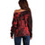 Hawaii King Kamehameha Day Off Shoulder Sweater Polynesian Pattern Mix Hibiscus Red